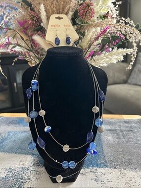Sophia & Kate Blue Multi-Strand Beaded Necklace with Earrings